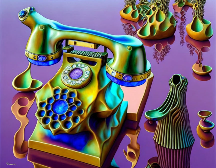 Melting vintage telephone in surreal artwork with vibrant colors
