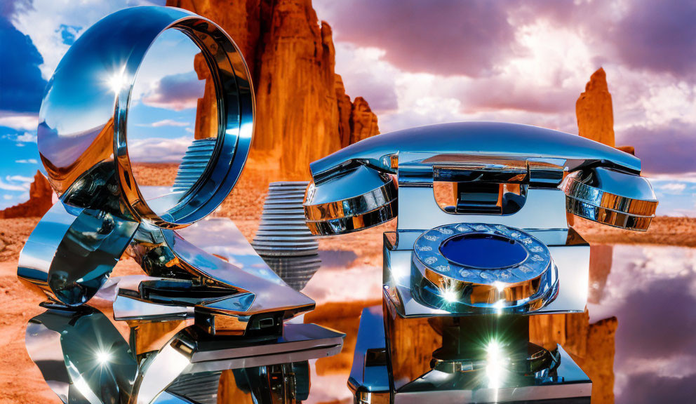 Reflective Rotary Telephone Sculpture Amid Red Rock Formations and Blue Sky