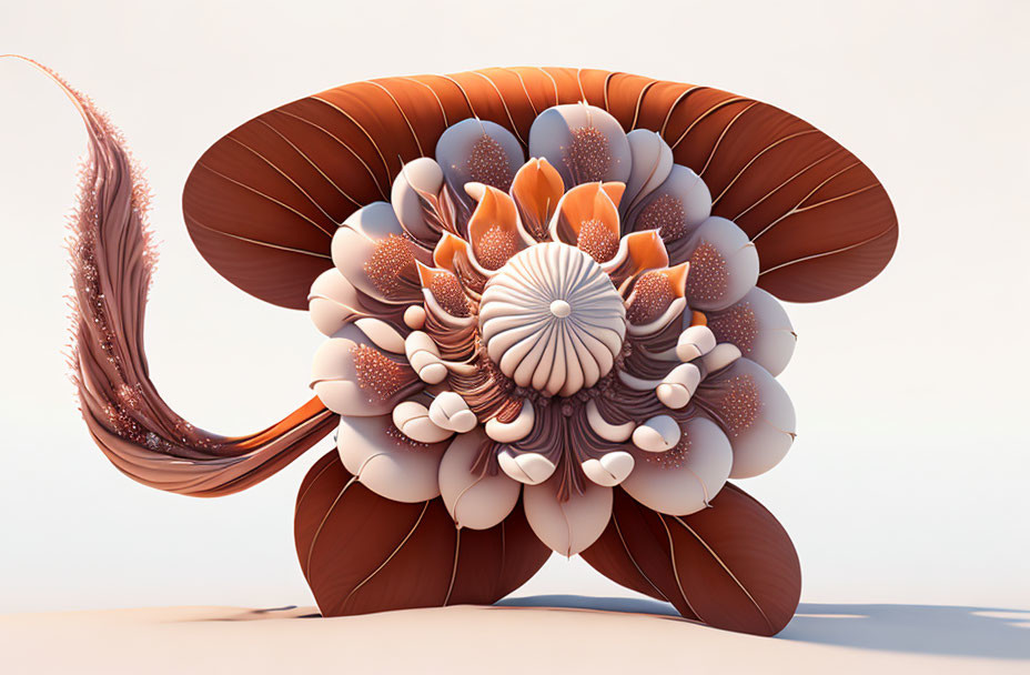 Symmetrical 3D abstract image with warm tones and petal-like structures.