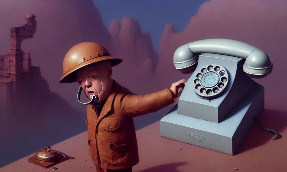 Man with helmet shouting into giant rotary phone in surreal landscape