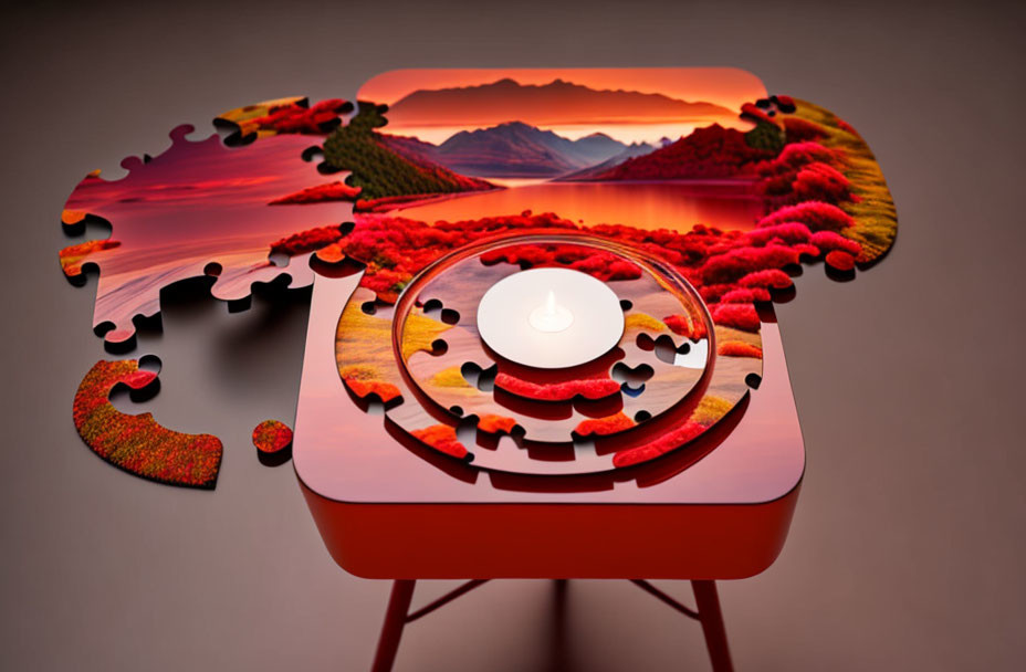 Surreal puzzle-shaped table with landscape scene and central candle