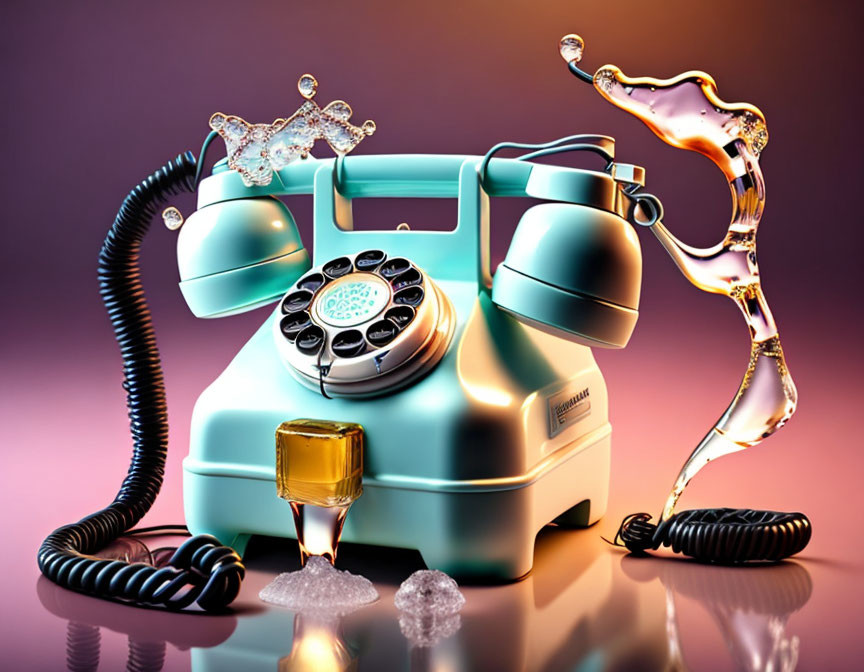 Vintage Telephone with Liquid Splashes in Royal-Themed Conceptual Art