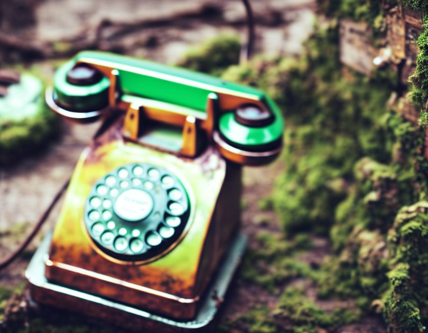 Vintage Green Rotary Phone Covered in Moss Against Blurred Natural Background