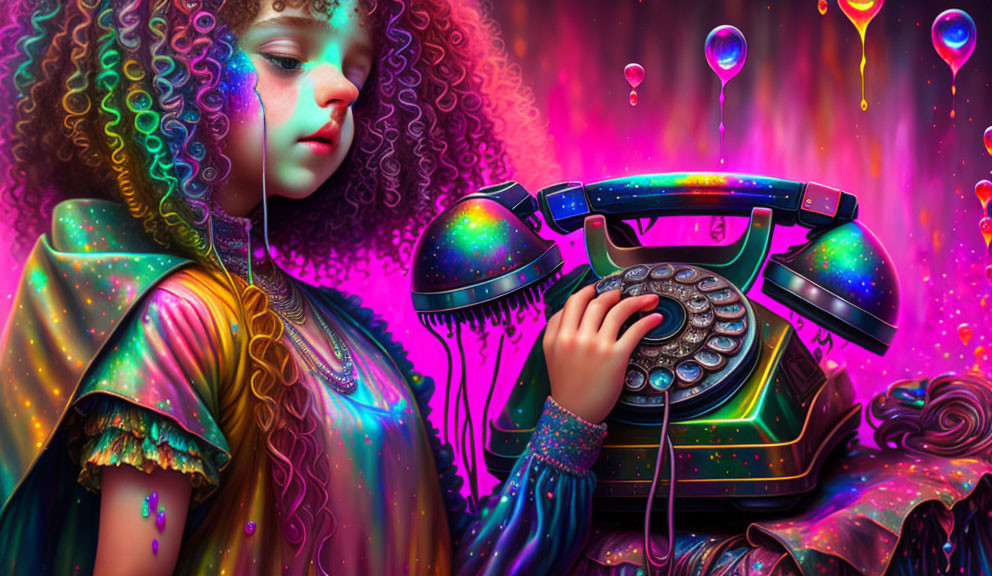 Curly-haired girl captivated by vintage telephone in vibrant, psychedelic scene
