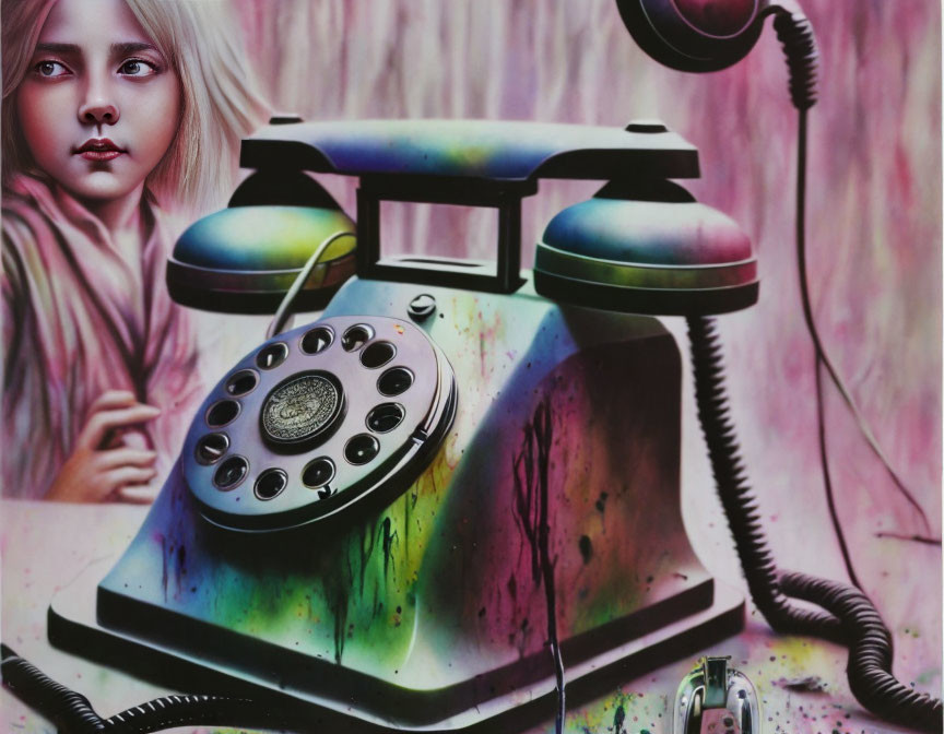 Surreal artwork of girl with oversized, paint-splattered vintage telephone