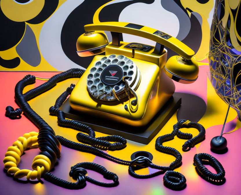 Colorful Retro Image: Gold Rotary Phone Off Hook on Abstract Background