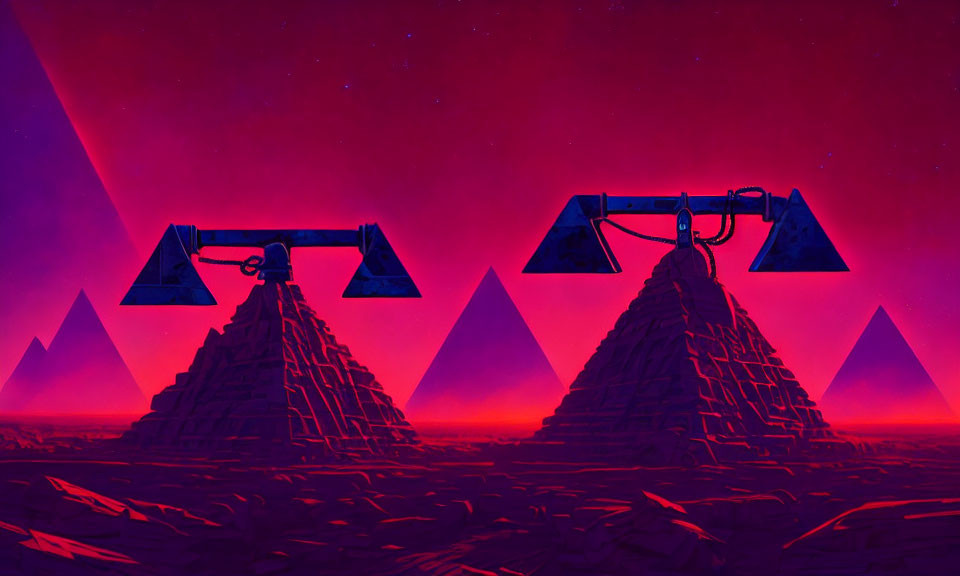 Surreal neon-lit landscape with purple skies and pyramid-like structures
