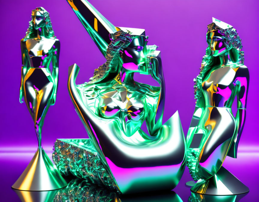 Iridescent Metallic Humanoid Sculptures in Vibrant Purple Setting