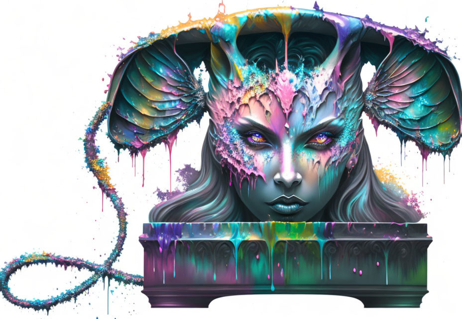 Colorful fantasy creature artwork with horns and wings on white background