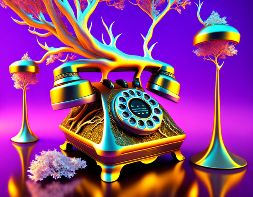 Colorful surreal image: Vintage golden telephone with coral-like growths on purple background
