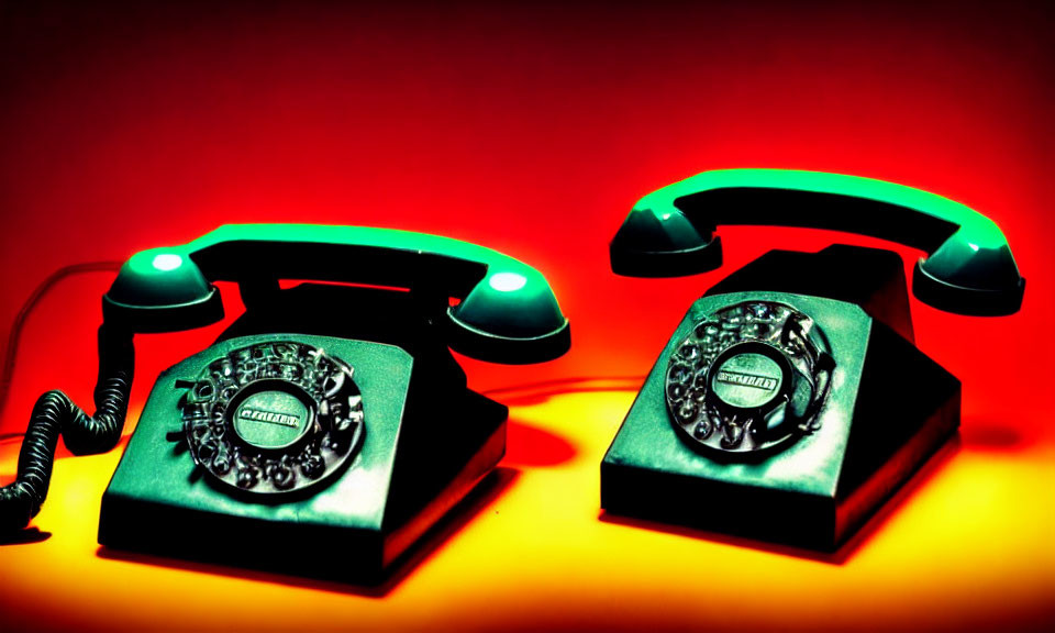 Vintage Rotary Telephones Against Red and Orange Background