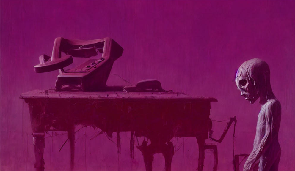 Skull-headed figure at melting desk with distorted phone in purple hue