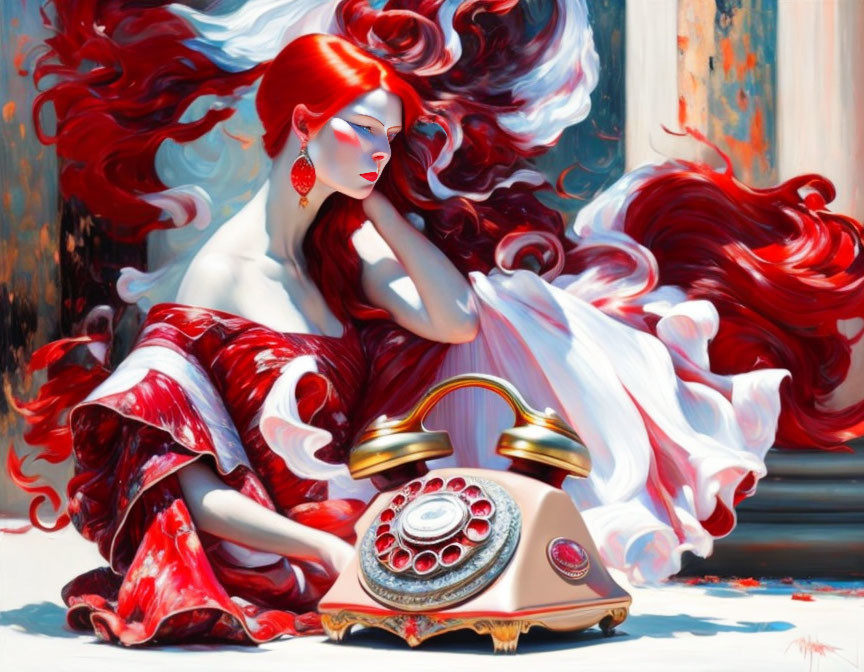 Vibrant artwork of woman with red hair sitting beside antique telephone