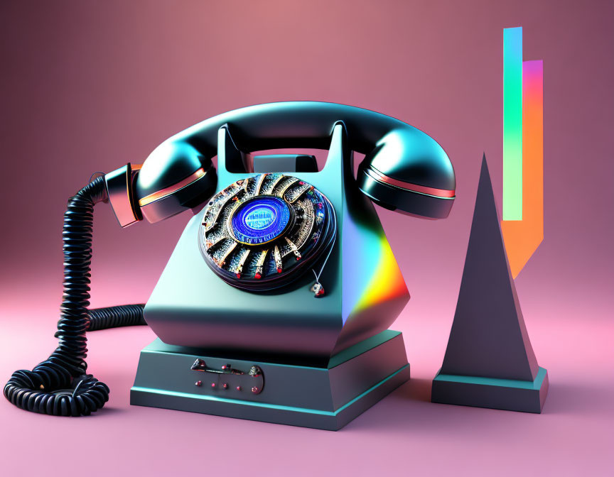 Vintage rotary phone with iridescent dial on pink background, '80s aesthetic with geometric shapes and