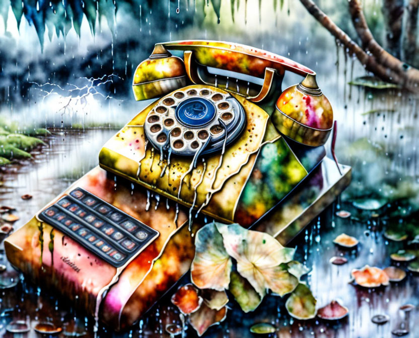 Vintage rotary phone and address book in rainy setting with stormy backdrop