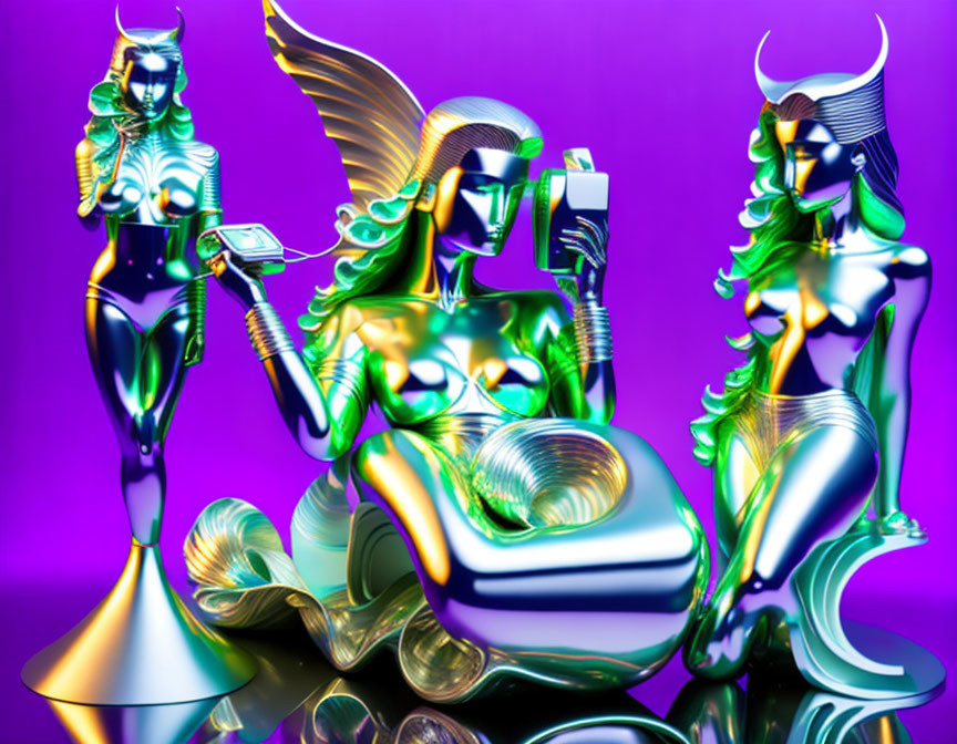 Three metallic humanoid figures in futuristic designs on purple background.