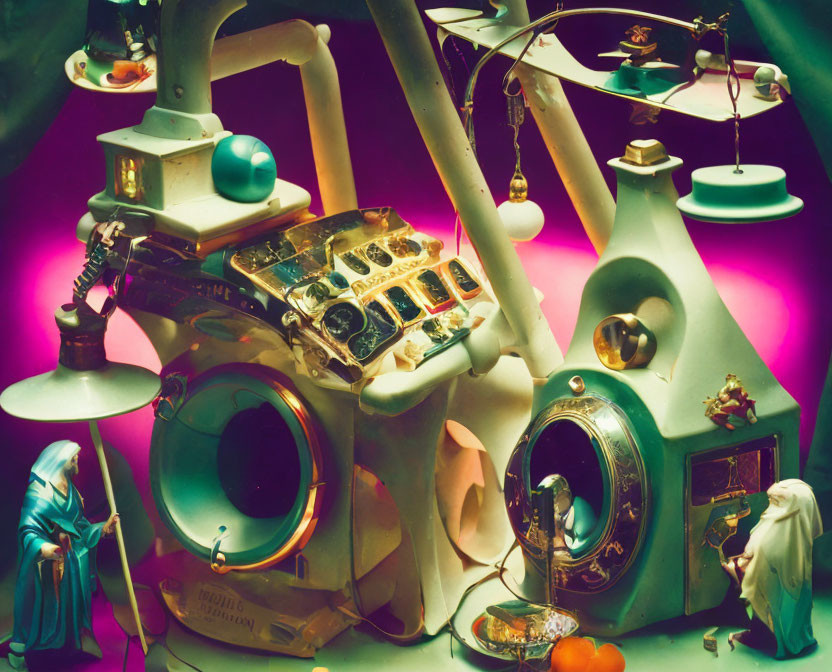 Colorful Surreal Still Life with Antique Diver Helmets & Miniature Figures