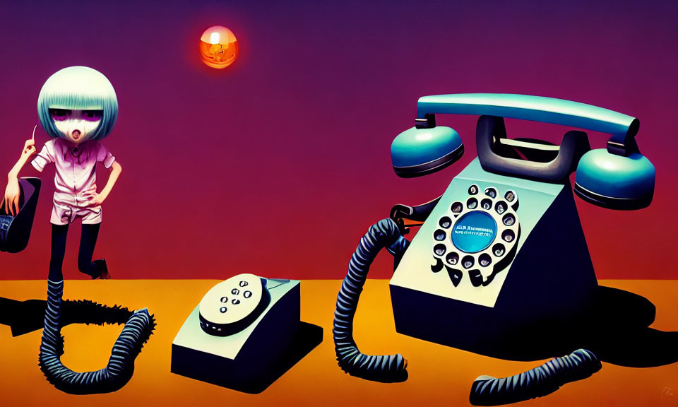 Colorful Surreal Artwork with Vintage Telephone and Stylized Character