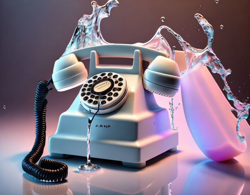 Vintage Telephone with Splashing Water on Gradient Background