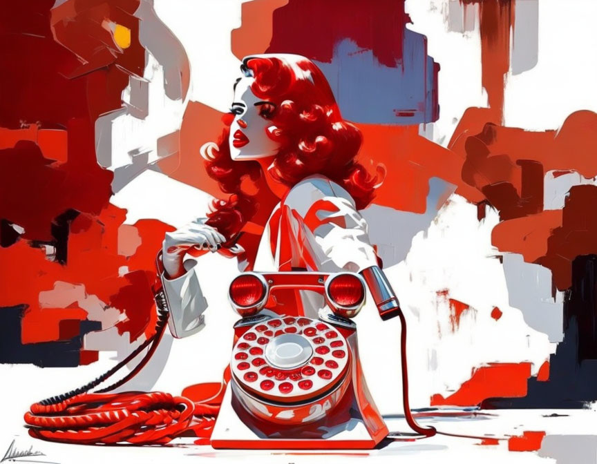 Stylized illustration of woman with red hair and vintage phone