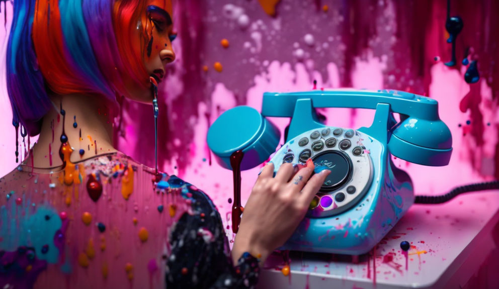 Colorful Rainbow-Haired Person Dialing Retro Blue Rotary Phone in Artistic Setting