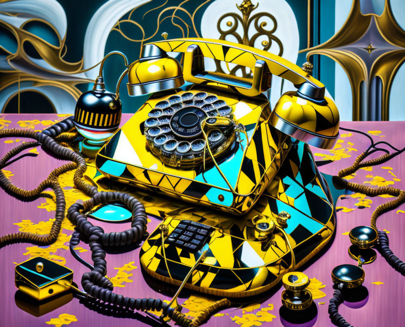 Colorful surreal painting of yellow and black rotary telephone in whimsical scene