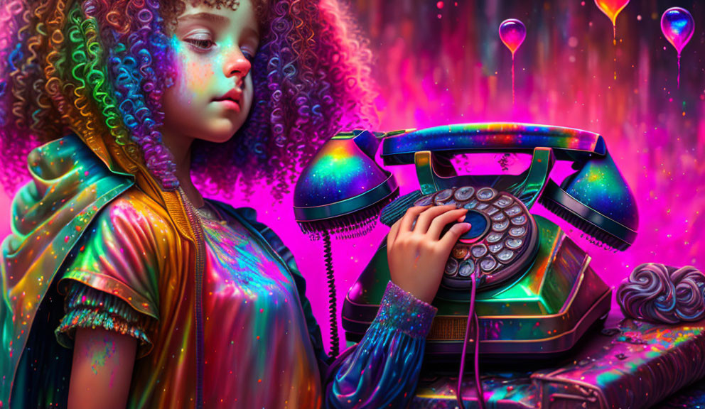 Curly-haired girl with retro rotary phone in colorful setting