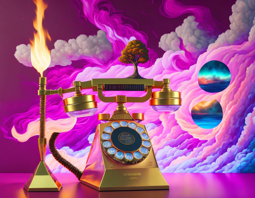 Surrealistic image of gold vintage telephone with tree, portals to landscapes, fiery and calm clouds