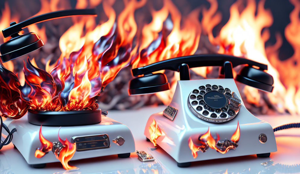 3D vintage telephone and answering machine engulfed in flames on reflective surface