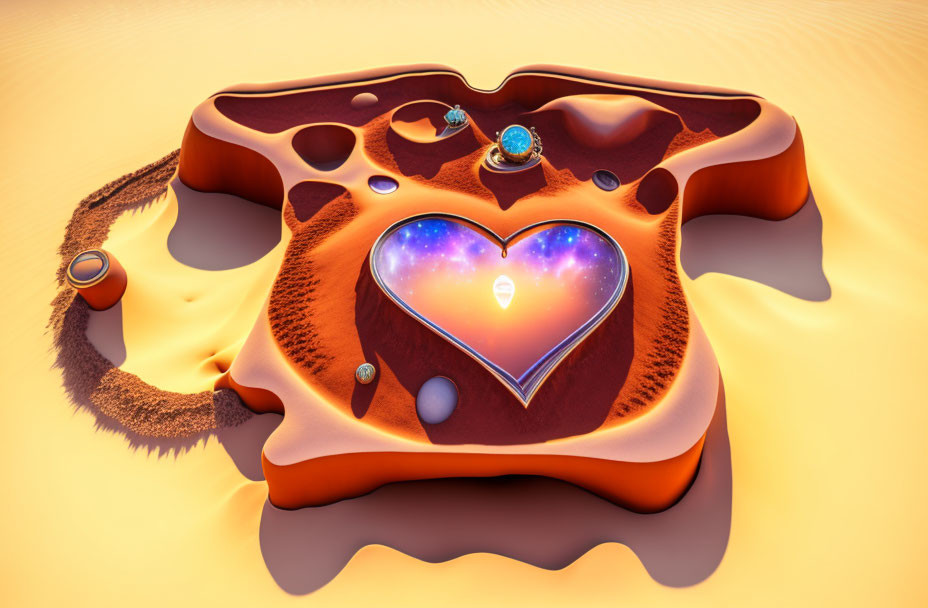 Abstract Heart-shaped Structure with Glowing Core on Sandy Surface