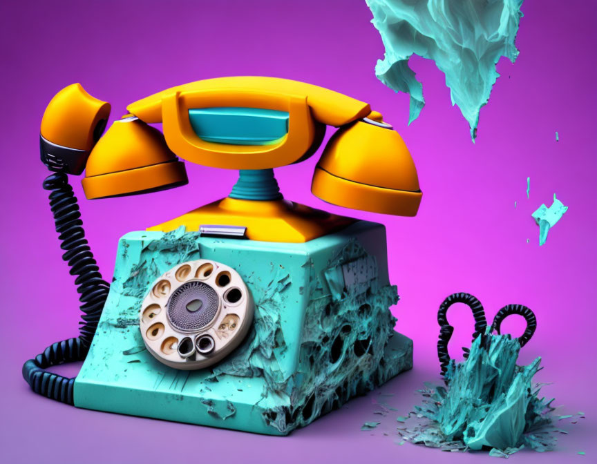 Vintage Yellow Handset Floating Above Teal Rotary Phone on Purple Background