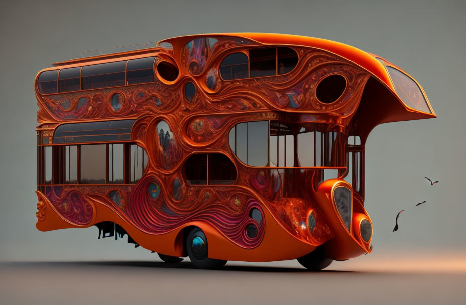 Futuristic orange bus with swirling shapes and large windows
