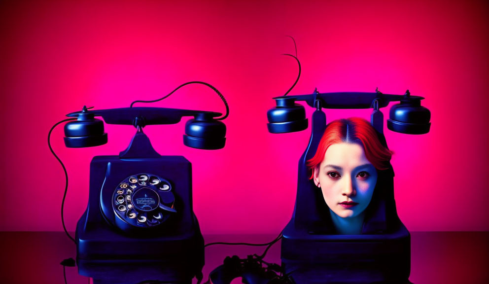 Vintage telephones and woman's face under red light