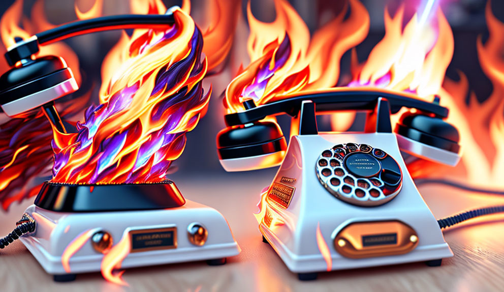 Vintage telephones ablaze on wooden surface symbolize intense conversation.