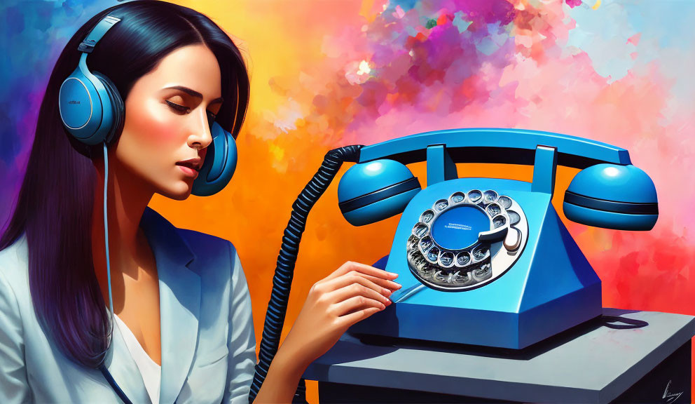 Stylized painting of woman with headphones and vintage rotary phone