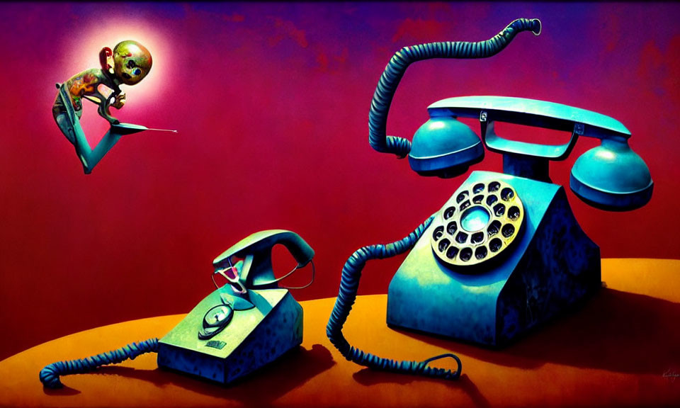 Surreal painting: astronaut on skateboard between vintage phones
