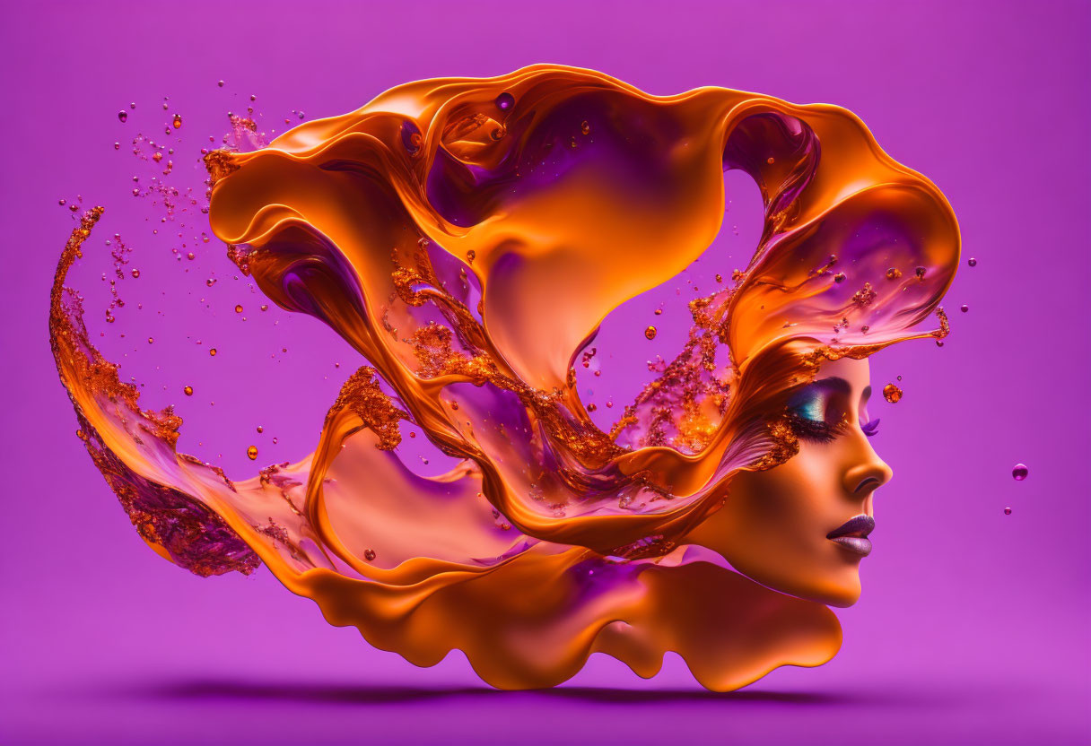 Digital artwork: Woman's profile with swirling orange liquid on purple background