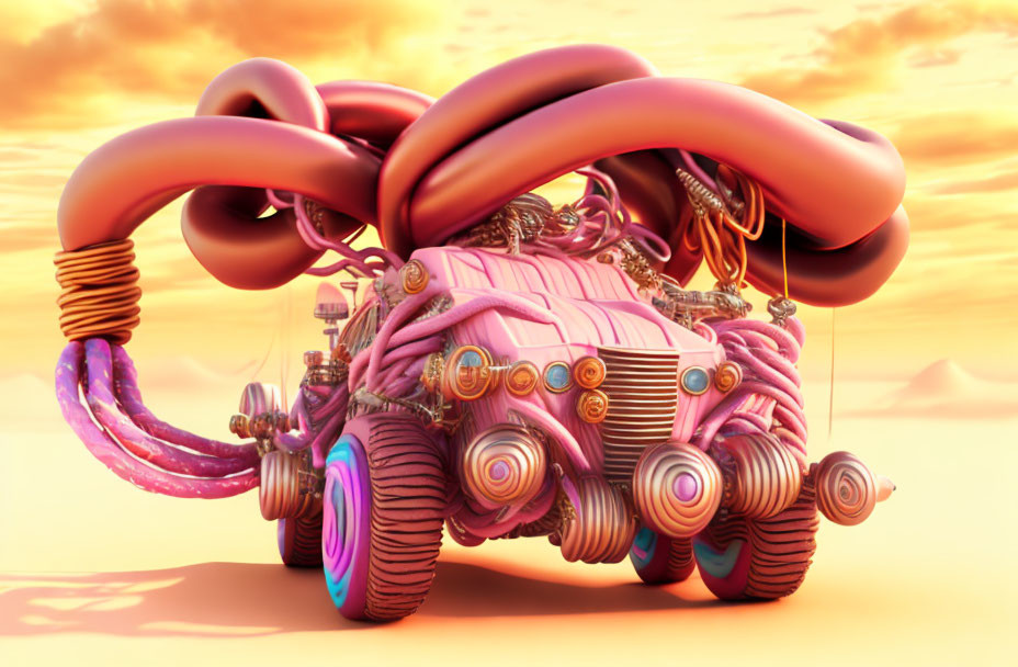Colorful Surreal Vehicle with Organic Forms and Wheels in Sunset Sky
