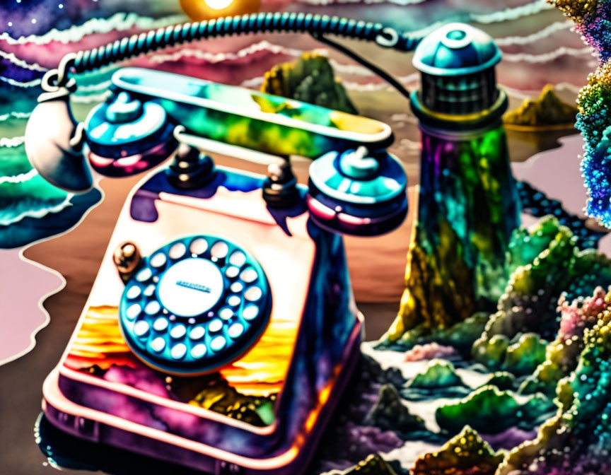 Colorful Surreal Landscape with Exaggerated Rotary Telephone
