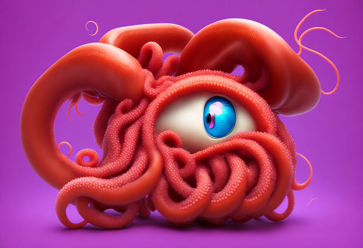 Colorful 3D illustration of blue-eyed creature with red-orange tentacles