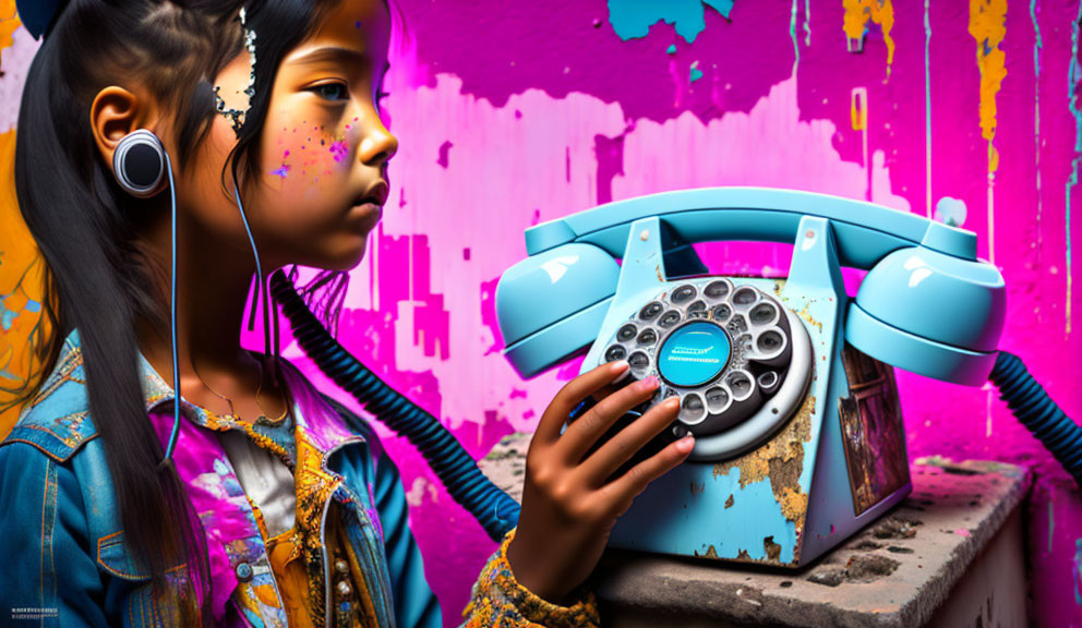 Girl with Headphones Listening to Vintage Blue Rotary Phone Against Graffiti Wall
