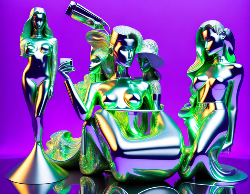 Futuristic metallic female figures in vibrant purple and green setting