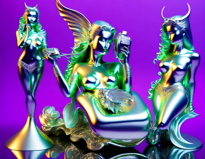 Metallic female figures with mythological features on purple backdrop.