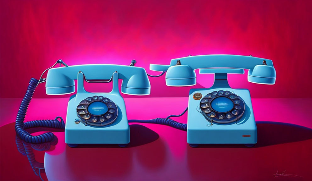 Vintage pink and blue rotary dial telephones on red gradient background