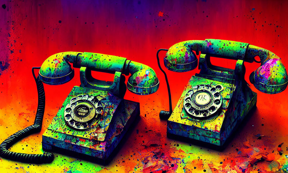 Colorful Retro Rotary Telephones on Paint Splattered Background