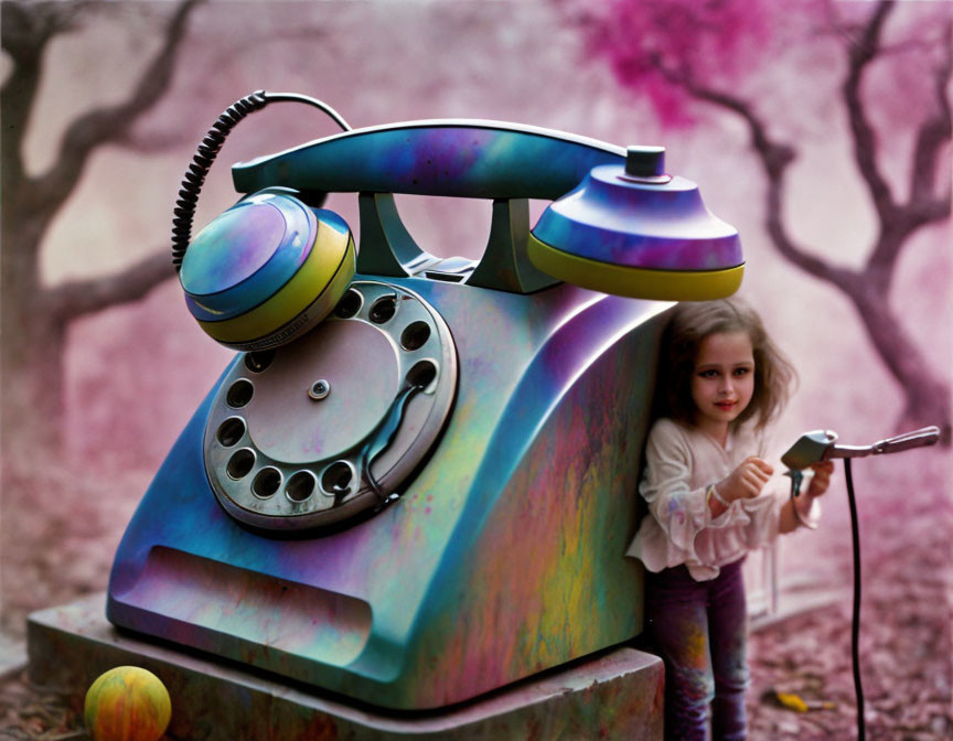 Child standing next to oversized surreal rotary phone in ethereal landscape