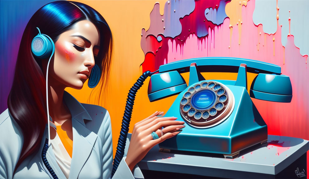 Woman with headphones looking at retro blue telephone with vibrant paint drips