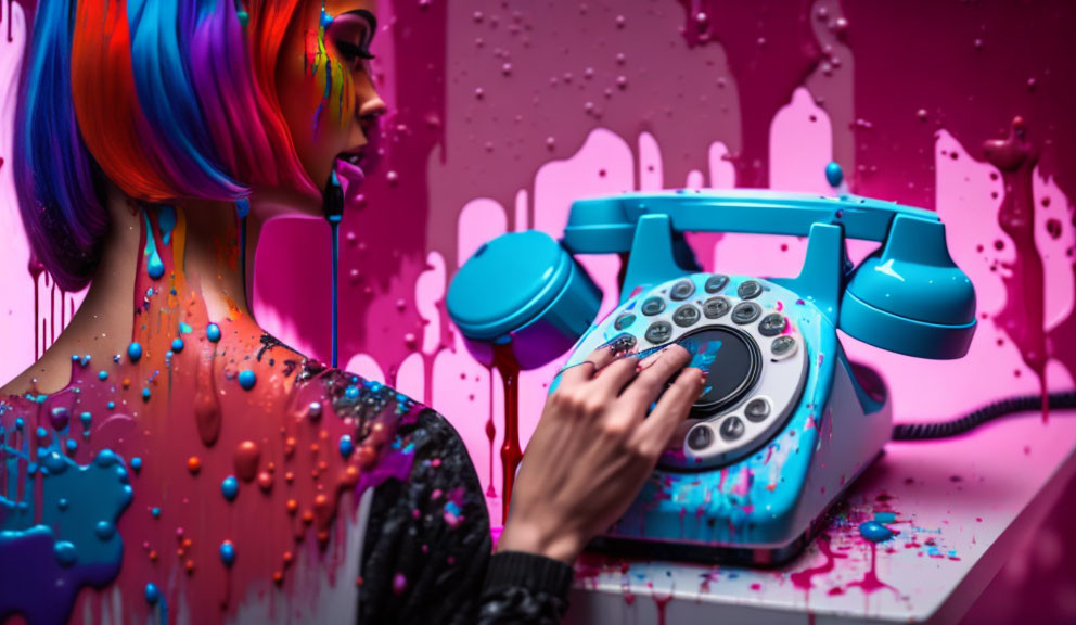 Vibrant hair person dialing blue phone in colorful artistic photo