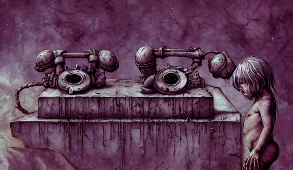 Melancholic artwork of naked child by old-fashioned telephones on purple backdrop
