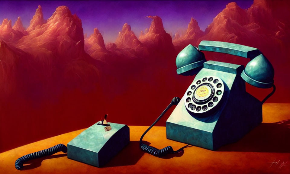 Surreal oversized vintage turquoise telephone in desert landscape